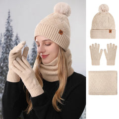Ensemble bonnet à pompon, tour de cou et gants tactiles
