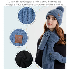 Ensemble bonnet à pompon, écharpe et gants tactiles femme