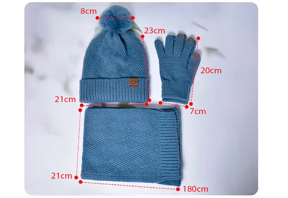 Ensemble bonnet à pompon, écharpe et gants tactiles femme
