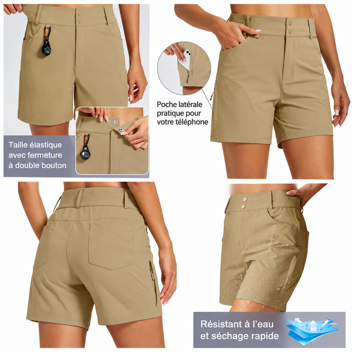 Short cargo de randonnée femme 6 poches