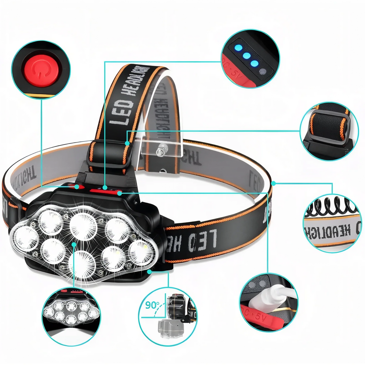 Lampe frontale de randonnée 8 LED