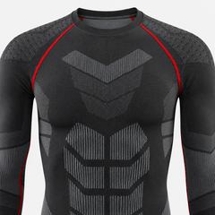 Détail du col, des épaules et de la maille du haut thermique homme noir et gris