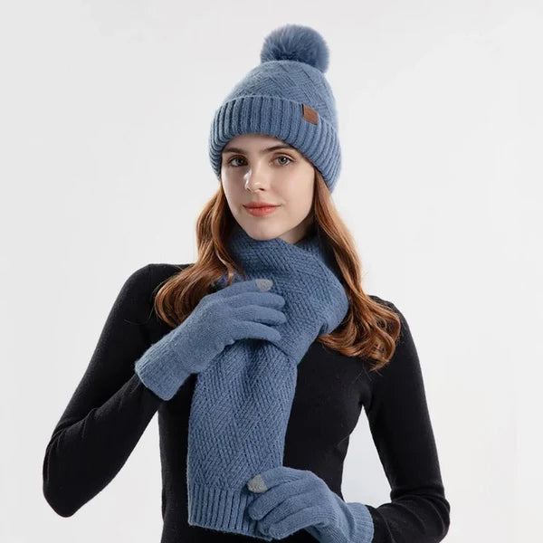 Ensemble bonnet à pompon, écharpe et gants tactiles femme
