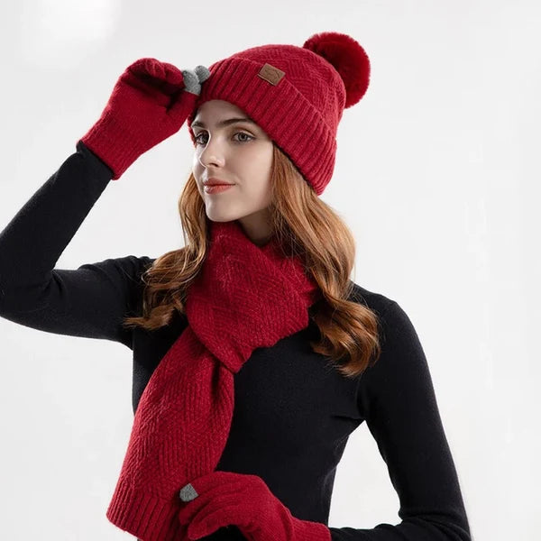 Ensemble bonnet à pompon, écharpe et gants tactiles femme