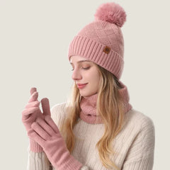 Ensemble bonnet à pompon, tour de cou et gants tactiles