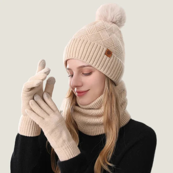 Ensemble bonnet à pompon, tour de cou et gants tactiles