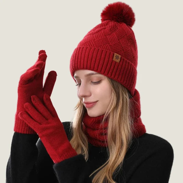 Ensemble bonnet à pompon, tour de cou et gants tactiles