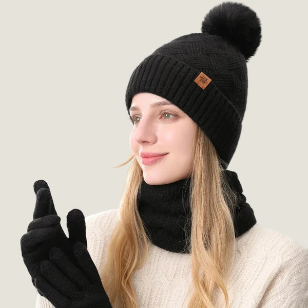 Ensemble bonnet à pompon, tour de cou et gants tactiles