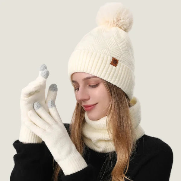 Ensemble bonnet à pompon, tour de cou et gants tactiles