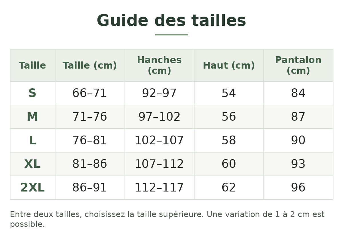 Guide des tailles — Sous-vêtements thermiques femme 2 pièces Image