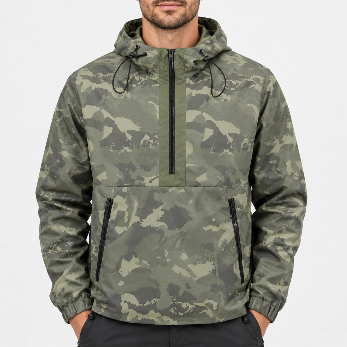 Anorak de randonnée imperméable homme — Détail porté du demi-zip