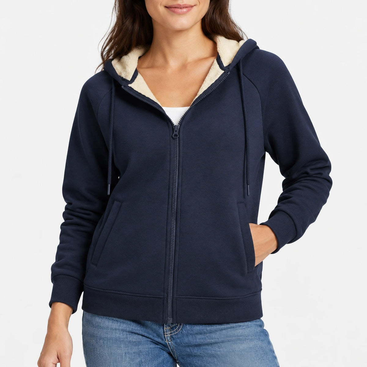 Sweat polaire zippé à capuche femme — Capuche et poignets portés